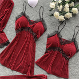 Maxbell 4pcs Womens Kimono Style Plush Robe Nightdress Non-Slip Nightwear Wine Red M