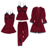 Maxbell 4pcs Womens Kimono Style Plush Robe Nightdress Non-Slip Nightwear Wine Red M