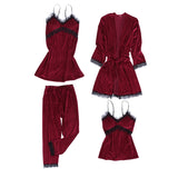 Maxbell 4pcs Womens Kimono Style Plush Robe Nightdress Non-Slip Nightwear Wine Red M