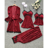 Maxbell 4pcs Womens Kimono Style Plush Robe Nightdress Non-Slip Nightwear Wine Red M