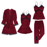 Maxbell 4pcs Womens Kimono Style Plush Robe Nightdress Non-Slip Nightwear Wine Red M