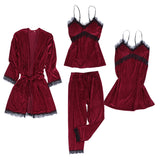 Maxbell 4pcs Womens Kimono Style Plush Robe Nightdress Non-Slip Nightwear Wine Red M