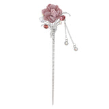 Maxbell Women's Metal Flower Tassel Hair Stick Rhinestone Chignon Pin Pink