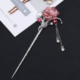 Maxbell Women's Metal Flower Tassel Hair Stick Rhinestone Chignon Pin Pink