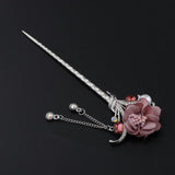 Maxbell Women's Metal Flower Tassel Hair Stick Rhinestone Chignon Pin Pink