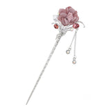 Maxbell Women's Metal Flower Tassel Hair Stick Rhinestone Chignon Pin Pink