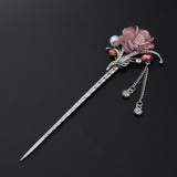 Maxbell Women's Metal Flower Tassel Hair Stick Rhinestone Chignon Pin Pink