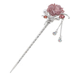 Maxbell Women's Metal Flower Tassel Hair Stick Rhinestone Chignon Pin Pink