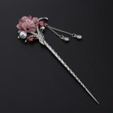 Maxbell Women's Metal Flower Tassel Hair Stick Rhinestone Chignon Pin Pink