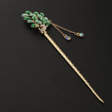 Maxbell Women Peacock Hair Pin Stick Tassel Crystal Rhinestone Hair Clasp Green