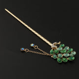 Maxbell Women Peacock Hair Pin Stick Tassel Crystal Rhinestone Hair Clasp Green