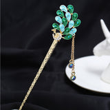 Maxbell Women Peacock Hair Pin Stick Tassel Crystal Rhinestone Hair Clasp Green