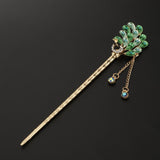 Maxbell Women Peacock Hair Pin Stick Tassel Crystal Rhinestone Hair Clasp Green