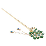 Maxbell Women Peacock Hair Pin Stick Tassel Crystal Rhinestone Hair Clasp Green