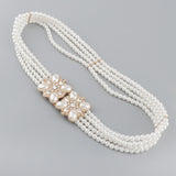 Maxbell Womens Elastic 4 Rows Pearls Skinny Belts Rhinestone Waist Chain Waistband