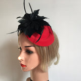 Maxbell Feather Fascinator Headband Ladies Race Royal Ascot Red Hat+Black Feather