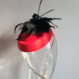 Maxbell Feather Fascinator Headband Ladies Race Royal Ascot Red Hat+Black Feather