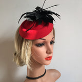 Maxbell Feather Fascinator Headband Ladies Race Royal Ascot Red Hat+Black Feather