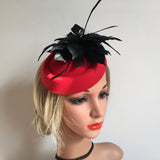 Maxbell Feather Fascinator Headband Ladies Race Royal Ascot Red Hat+Black Feather