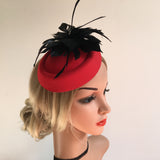 Maxbell Feather Fascinator Headband Ladies Race Royal Ascot Red Hat+Black Feather