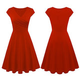 Maxbell Women's Swing Casual High Waist  A Line Cap Sleeve V Neck Dress Red XL