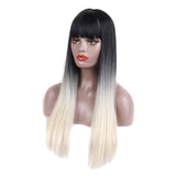 Maxbell Synthetic Long Hair Full Wig Black Gray Straight Hairpieces Bangs Heat Safe