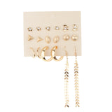 Maxbell 9 Pairs Rhinestone Bowknot C-shaped Loop Ring Tassel Dangle Earrings Set