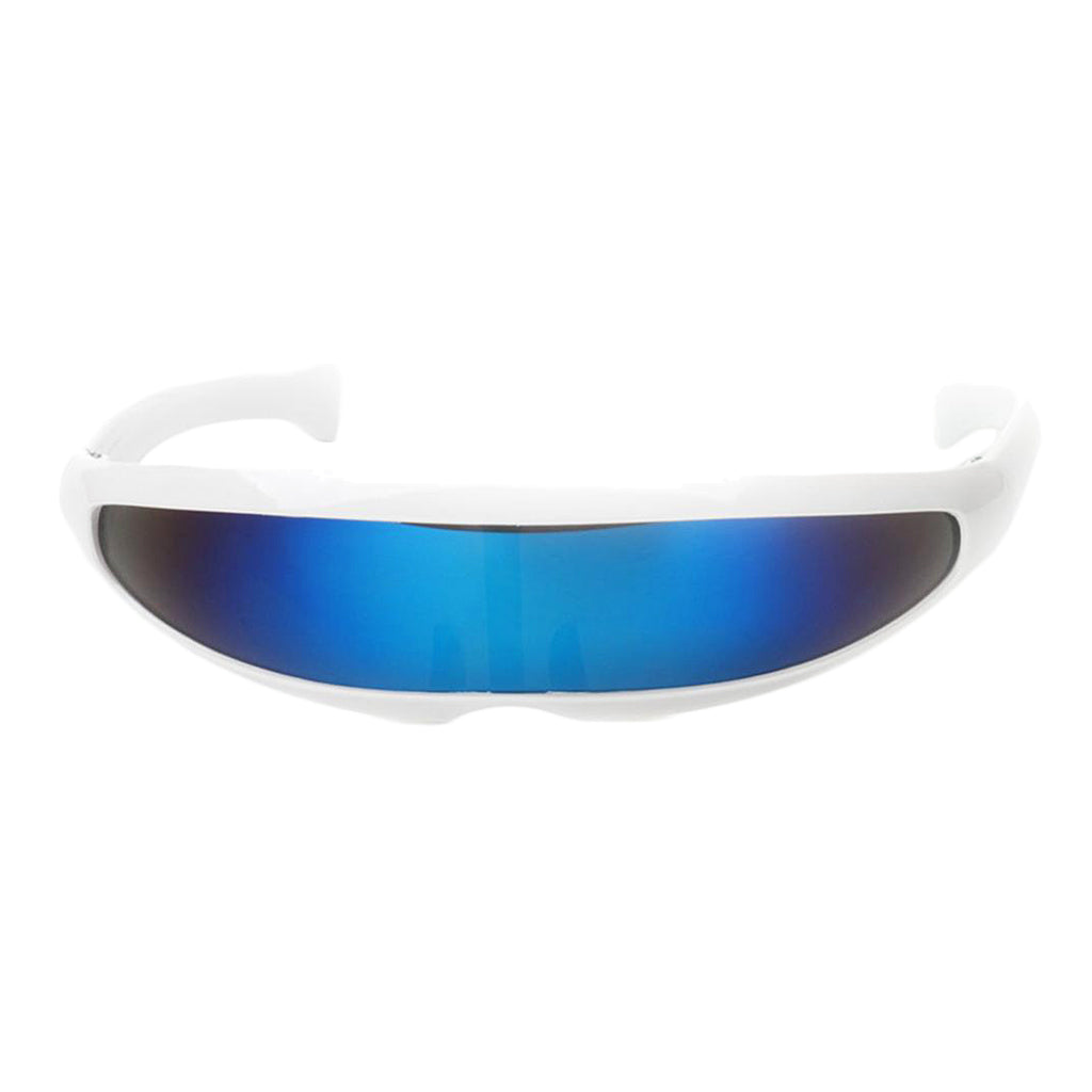 Maxbell  Futuristic Narrow Cyclops Color Mirrored Lens Visor Sunglasses White Frame Blue Mirrored