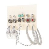 Maxbell 9 Pairs Turquoise Rhinestone Studs Loop Rings Big Earrings Set Girls Jewelry