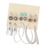 Maxbell 9 Pairs Turquoise Rhinestone Studs Loop Rings Big Earrings Set Girls Jewelry