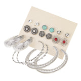 Maxbell 9 Pairs Turquoise Rhinestone Studs Loop Rings Big Earrings Set Girls Jewelry