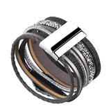 Maxbell Braided Wide Multi-layer PU Leather Volcanic Stone Magnet Bracelet Grey