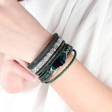 Maxbell Braided Wide Multi-layer PU Leather Volcanic Stone Magnet Bracelet Green