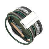 Maxbell Braided Wide Multi-layer PU Leather Volcanic Stone Magnet Bracelet Green