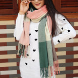 Maxbell Women Warm Long Cashmere Scarf Shawl Tassels Pashmina Grid Pink and Green