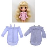 Maxbell Fashion Bare Shoulders Shirt Striped Tops for 1/6 Blythe Doll Dark Blue