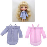 Maxbell Fashion Bare Shoulders Shirt Striped Tops for 1/6 Blythe Doll Dark Blue