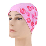 Maxbell PU Swimming Cap Waterproof Bathing Hat for Adults Kid Pink + Red Rose