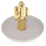 Maxbell Ceramic Ring Holder Dish Jewelry Organizer Tray White Dish Gold Cactus