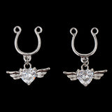 Maxbell 2Pcs Crystal Heart Dangle Nipplering Stainless Steel Ring Non-piercing White