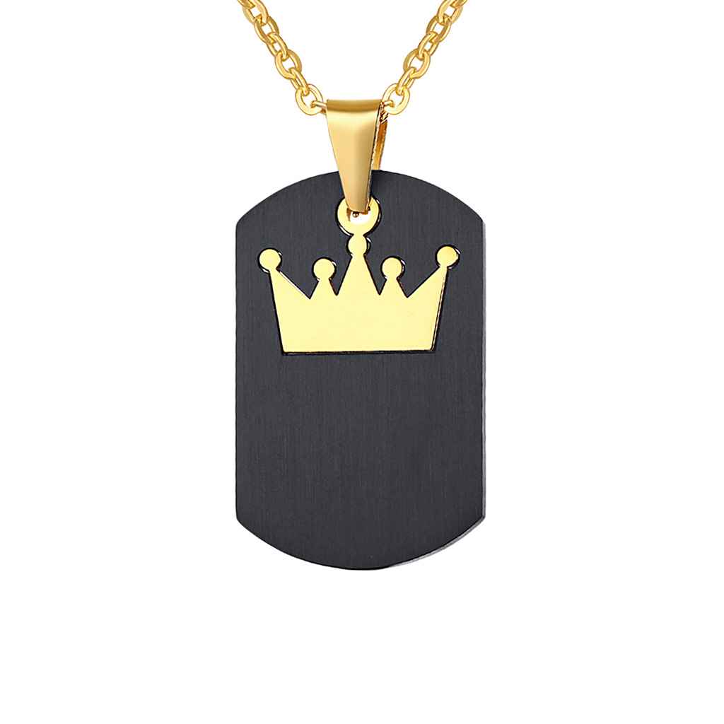 Maxbell Black Stainless Steel Dog Tag King Queen Crown Pendant Necklace Mens Crown