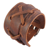 Maxbell Handmade Leather Wide Cuff Bracelet Cross Punk Biker Men Bangle Brown