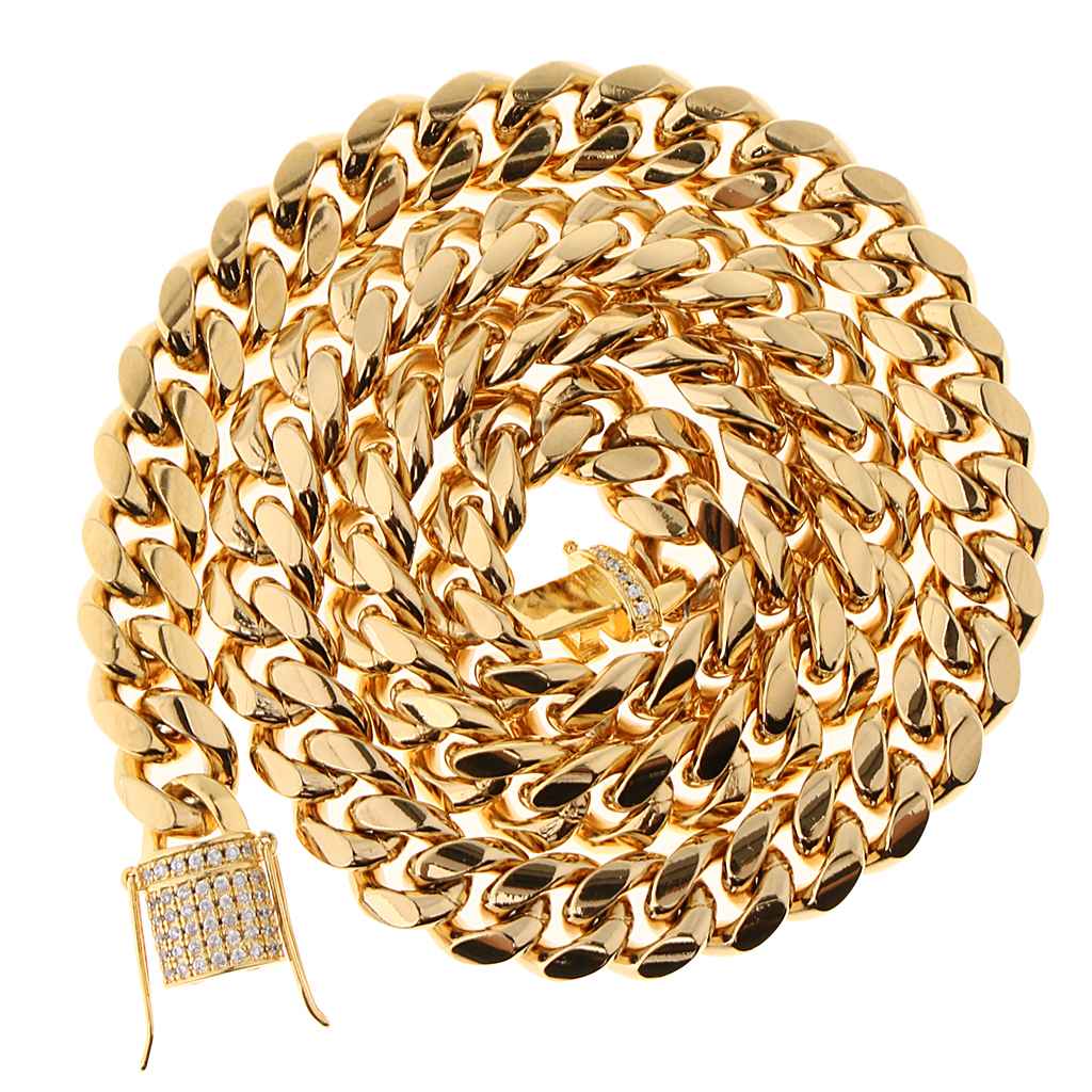 Maxbell Gold Stainless Steel Curb Cuban Link Chain with diamonds for Men 24x4.7inch