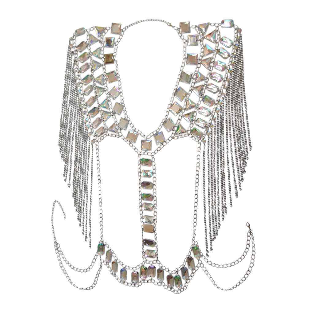 Maxbell Fashion Tassel Crystal Shoulder Body Chain Harness Necklace Jewelry Silver