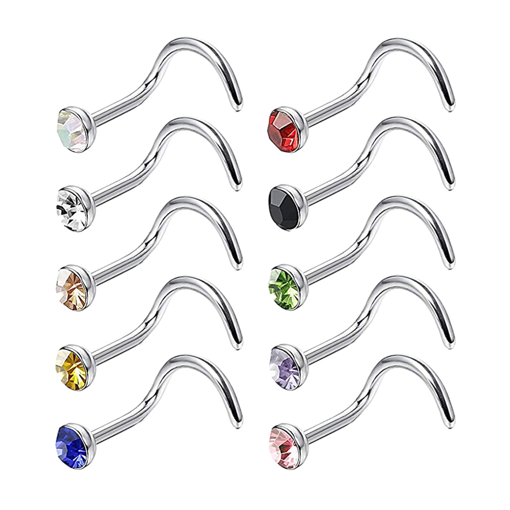 Maxbell 10pcs Nose Studs Rings Rhinestone Stainless Steel Body Piercing Rings 3.0mm