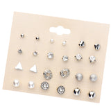 Maxbell 12 Pairs Crystal Zircon Women Girls Geometric Earrings Stud Jewelry Silver