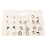 Maxbell 12 Pairs Crystal Zircon Women Girls Geometric Earrings Stud Jewelry Silver