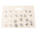 Maxbell 12 Pairs Crystal Zircon Women Girls Geometric Earrings Stud Jewelry Silver