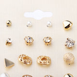 Maxbell 12 Pairs Crystal Zircon Women Girls Geometric Earrings Stud Jewelry Gold