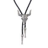 Maxbell Fashion Western Longhorn Cow Skull Leather Bolo Tie Necktie Antique Silver